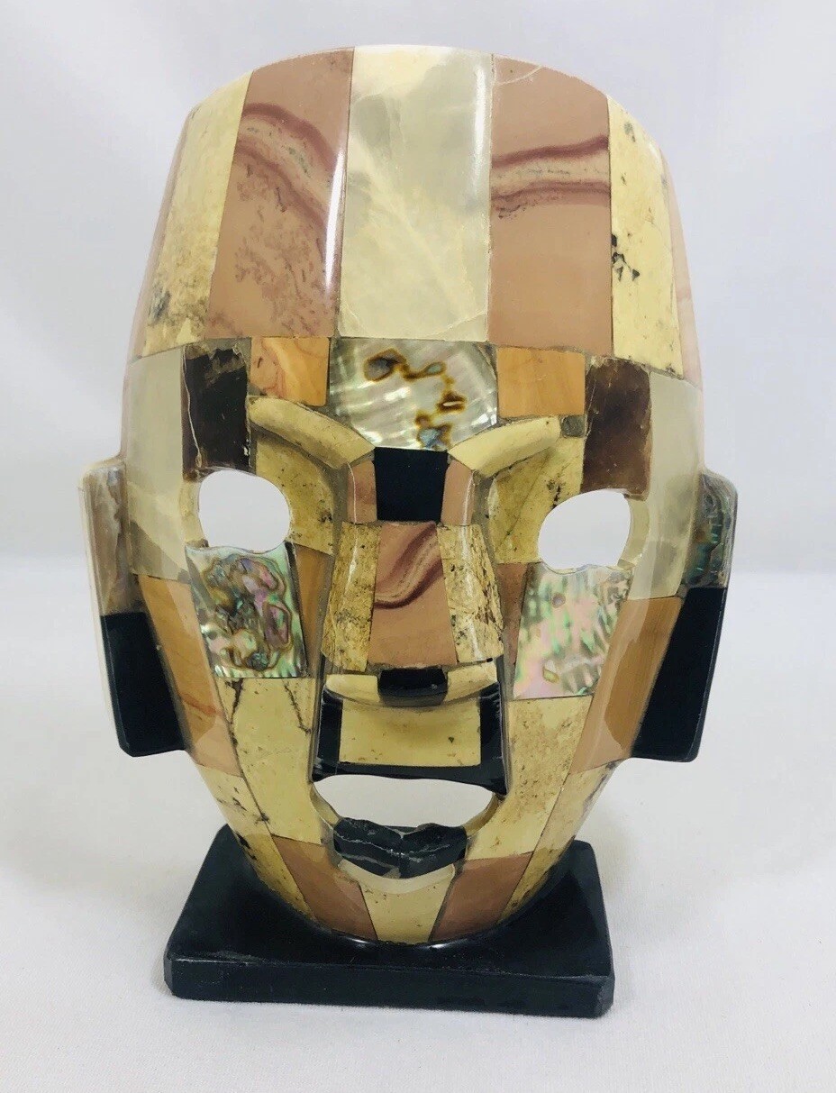Mexican Mayan Aztec Ceremonial Burial Mask Mother Of Pearl Mosaic Sculpture
