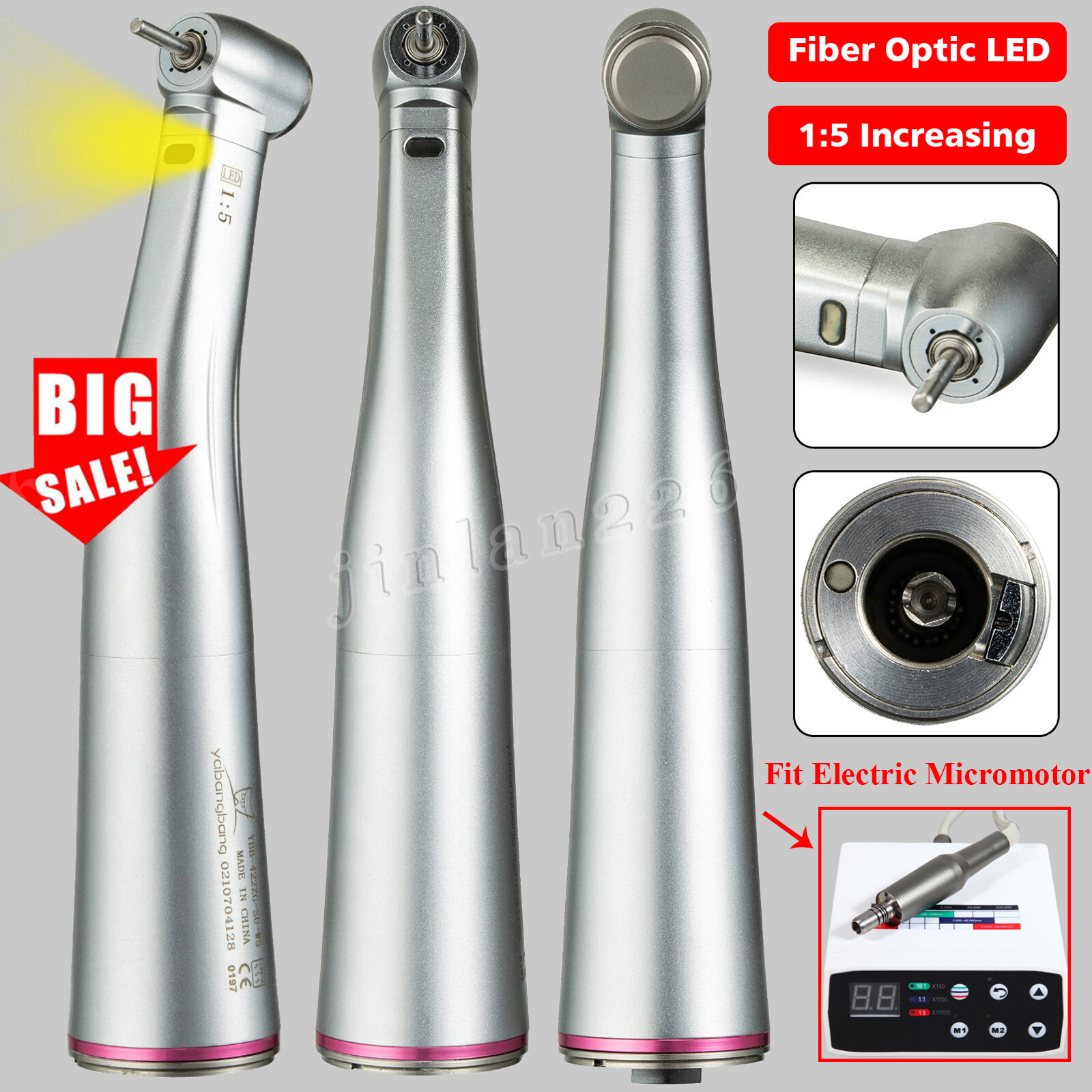 Dental 1:5 Increasing Contra Angle LED Optic Handpiece Fit NSK Electric Motor