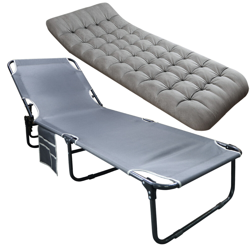Slsy Folding Camping Cot 4-Position Outdoor Chaise Lounge Gray Pad Side Pockage