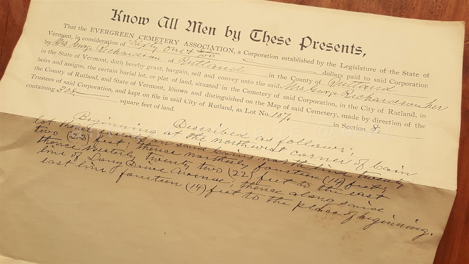 1896 antique EVERGREEN CEMETARY rutland vt PLOT DEED george richardson