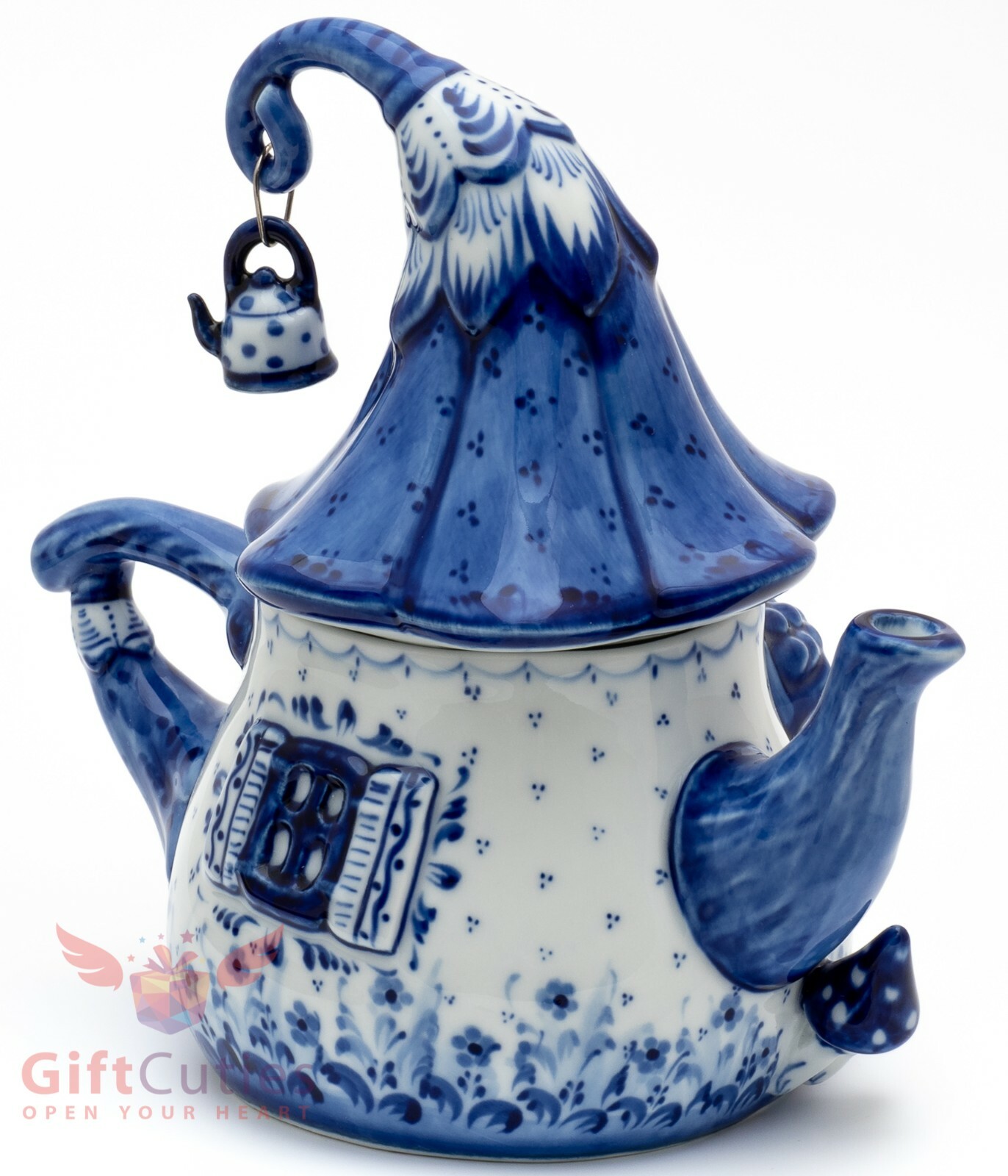 Porcelain Gzhel teapot in shape of a house souvenir handmade Гжель
