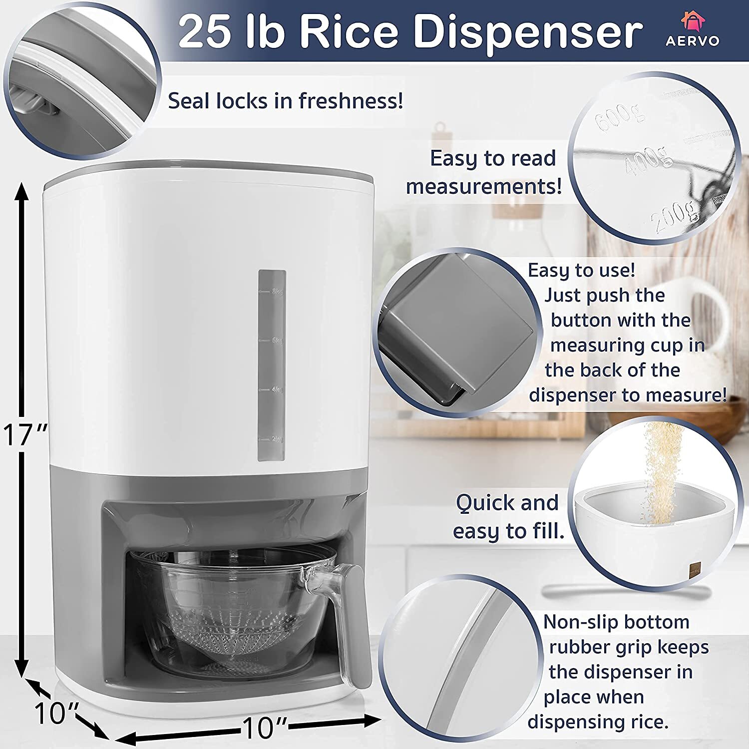 Rice Dispenser - 25 lbs Capacity with Measuring Cup - Airtight Dry Food Storage