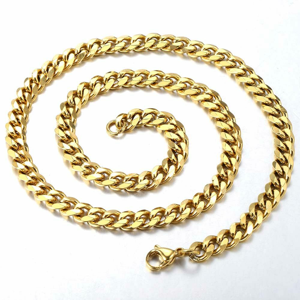 16"-36" Stainless Steel Chain Mens Necklace Gold Plated Curb Cuban 3/5/7/9/11mm