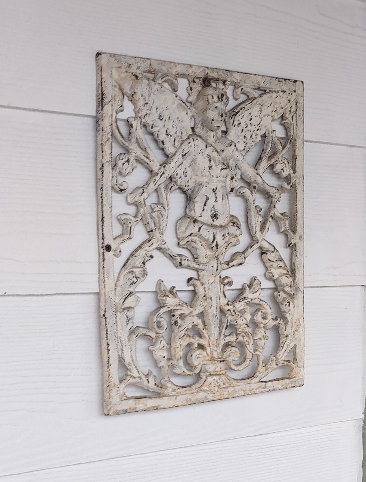 Antique Cast Iron Garden Angel Statue, Distressed Off White