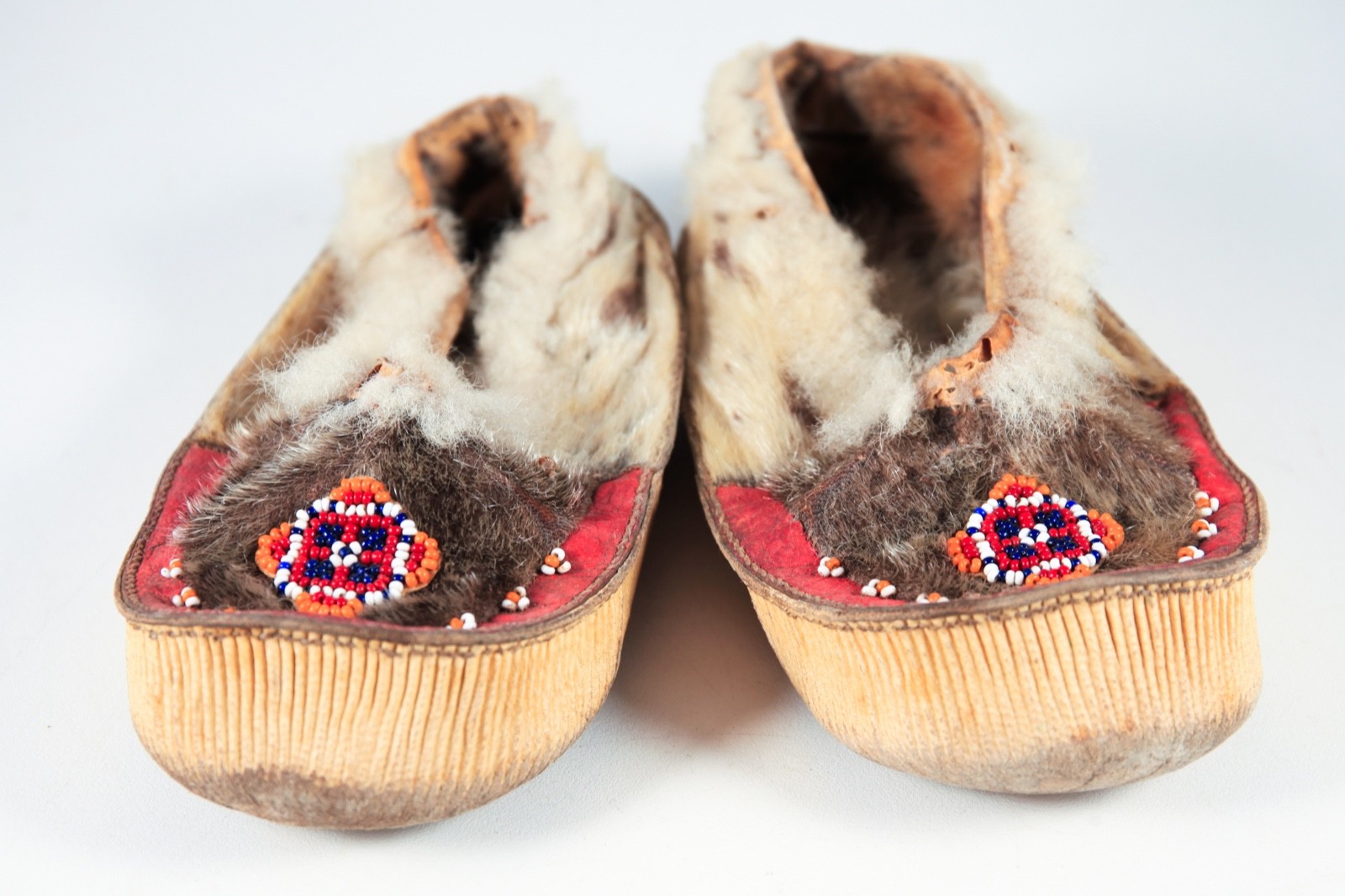 Vintage Native American Inuit Indian Bead Leather Fur Moccasins Mukluks 20th C.