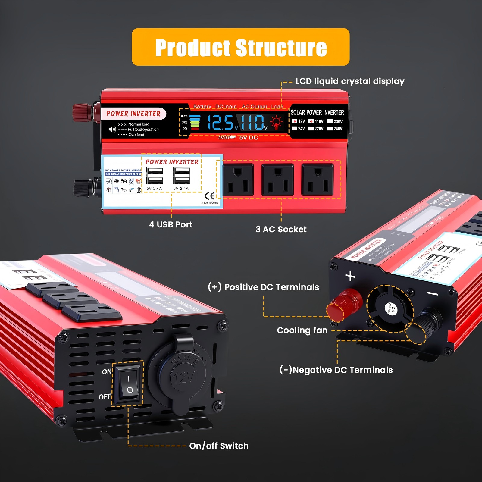 Car Power Inverter 5000W DC 12V To AC 110V Pure Sine Wave Solar Converter 4 USB