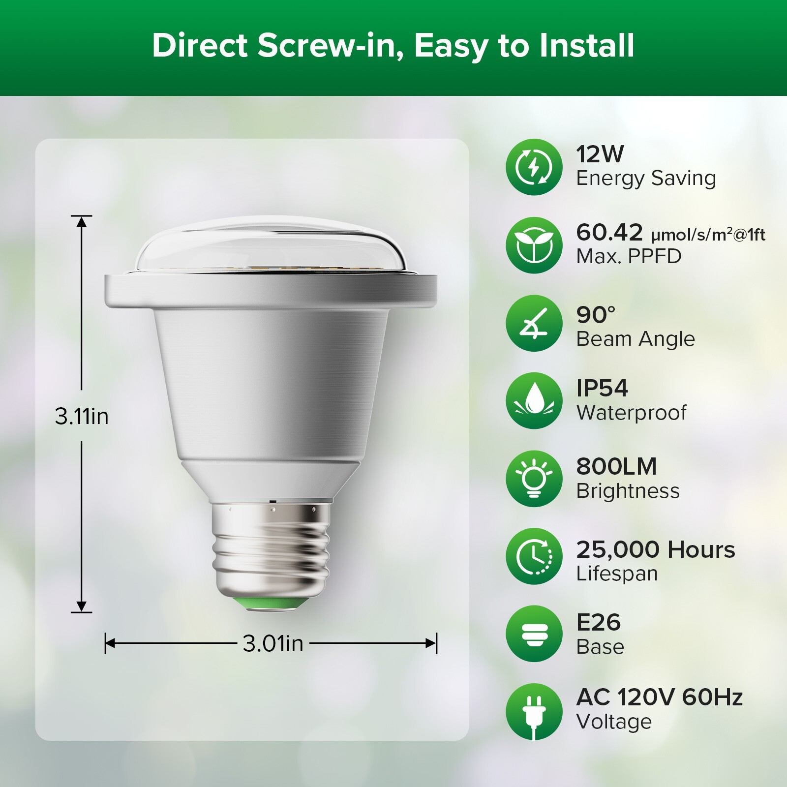 SANSI LED Grow Light Bulb 12W 60W Equiv.Full Spectrum Waterproof Houseplants E26