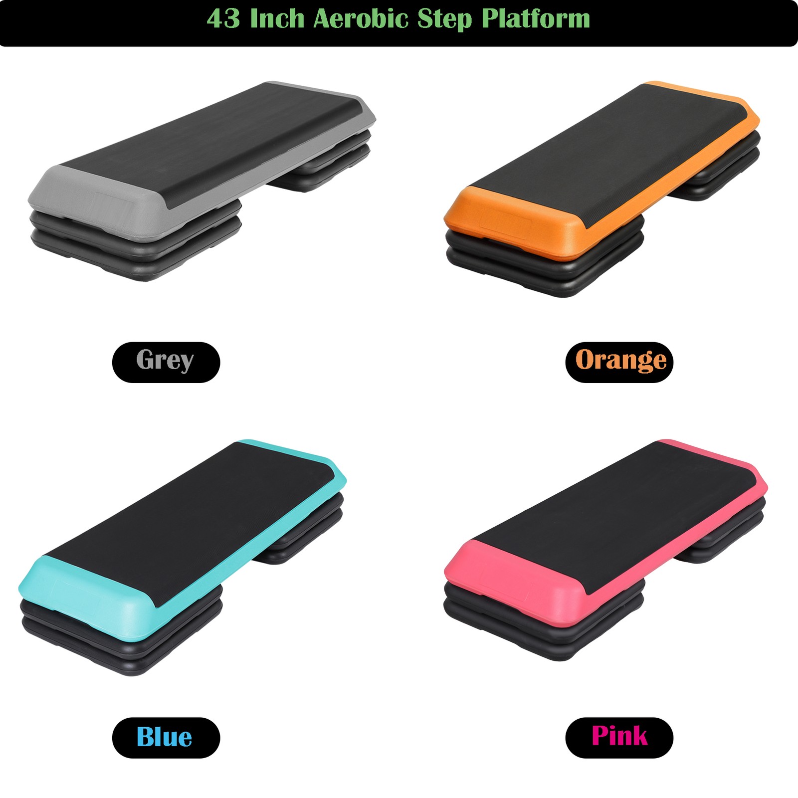 4 Color 43'' Exercise Aerobic Step Platform Adjustable Workout Stepper w/4 Riser