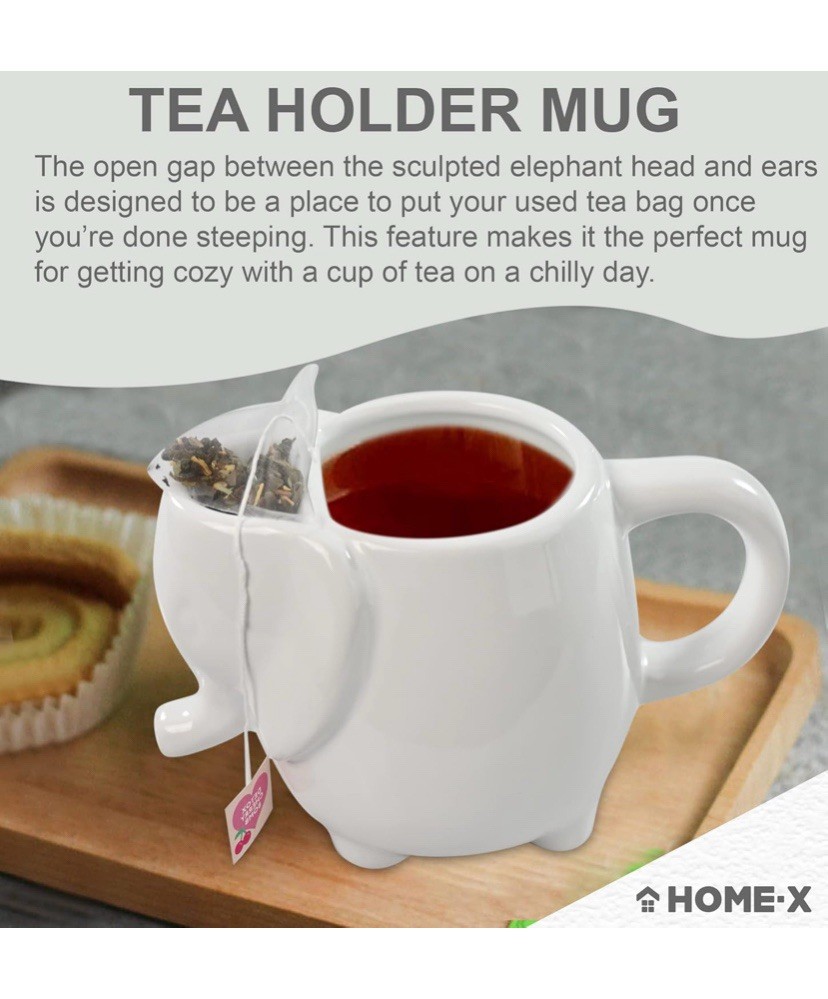 HOME-X WHITE ELEPHANT CERAMIC MUG WITH TEA BAG HOLDER 16 Oz 6”x4”x3”
