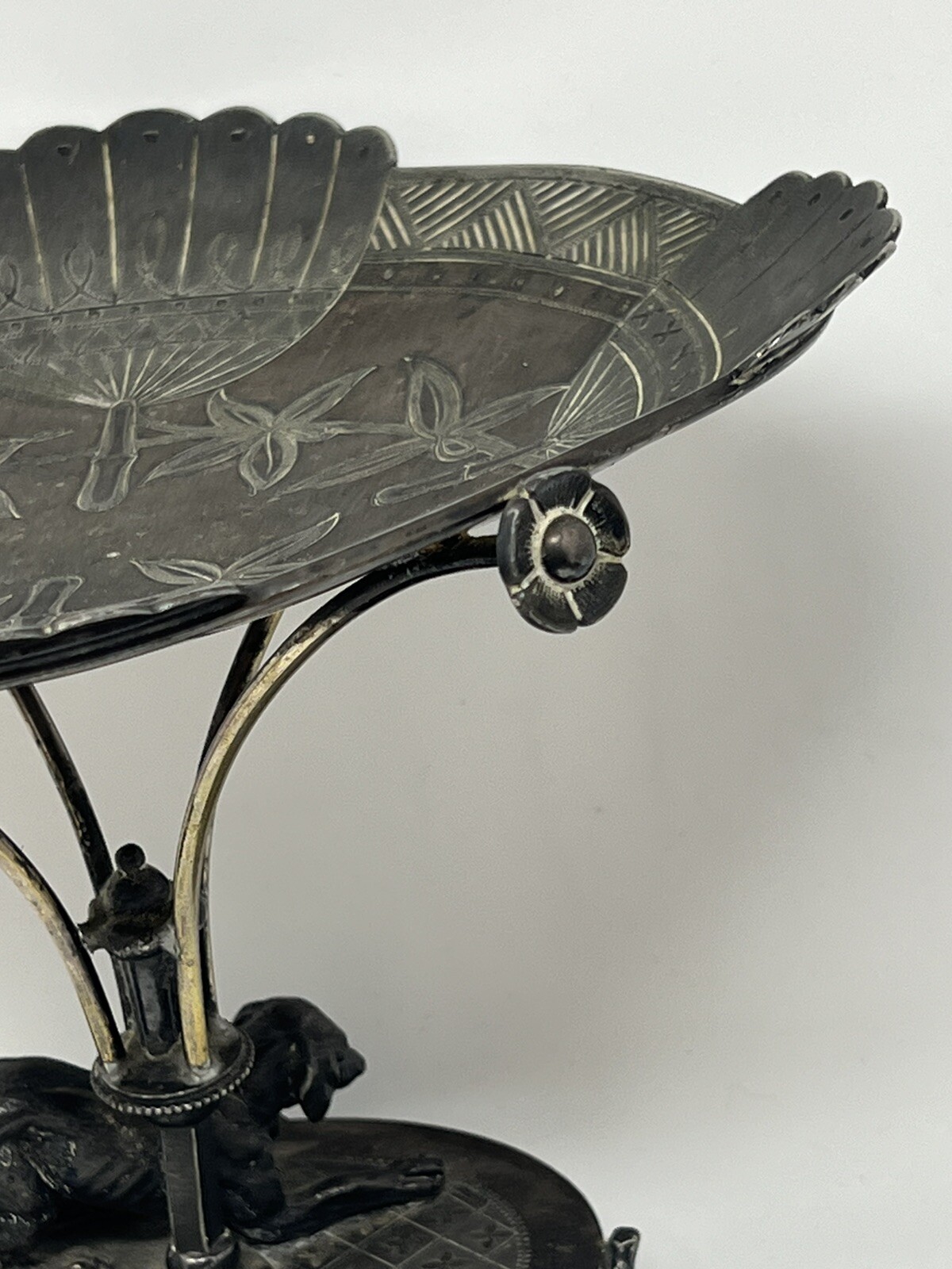 Antique Dog Figural Calling Card ? Silver Plate Tray Stand Simpson Hall Miller