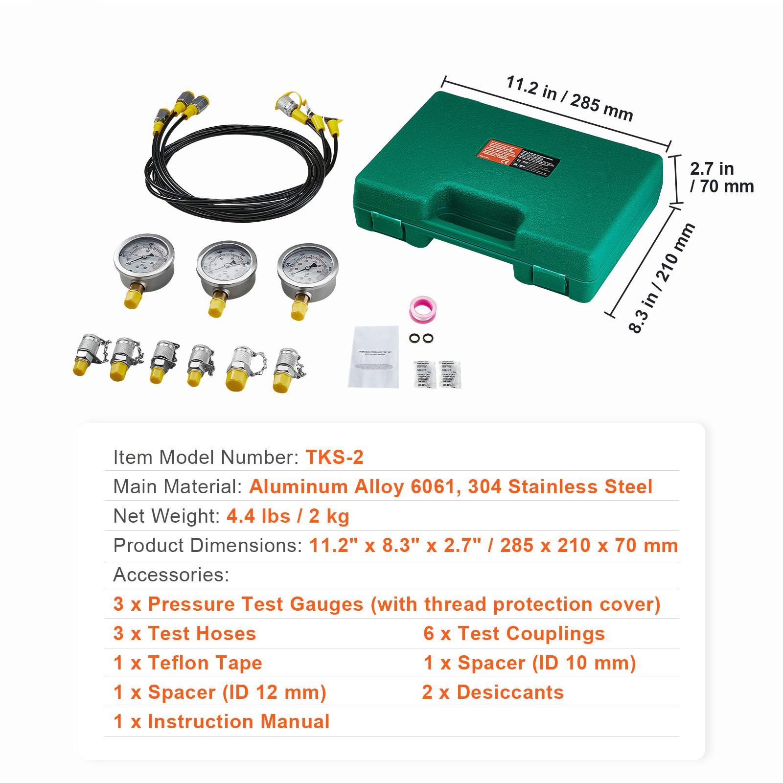 Hydraulic Pressure Test Kit 3 Gauges 6 Test Couplings 3 Test Hoses Case