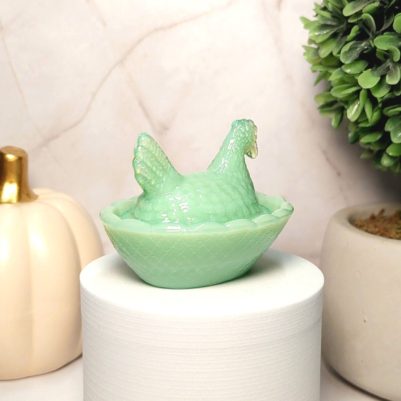 Jadeite Depression Style Glass Hen On Nest Chicken Salt Cellar Dish, VTG Style