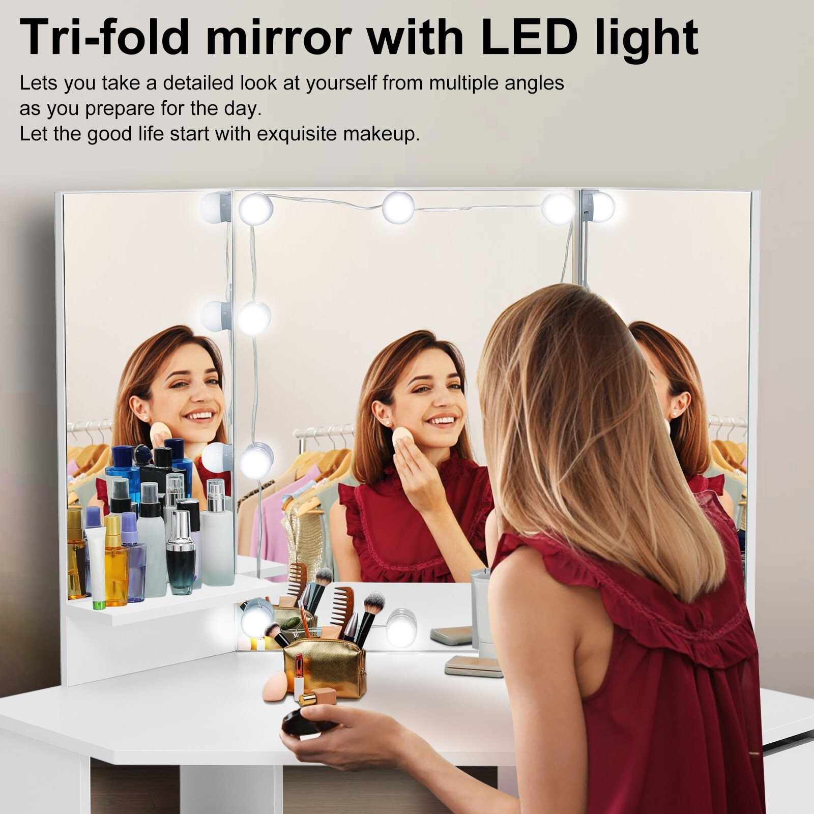 Corner Makeup Vanity Desk Bedroom Vanity Table with Lighted Mirror Girls Vanity~