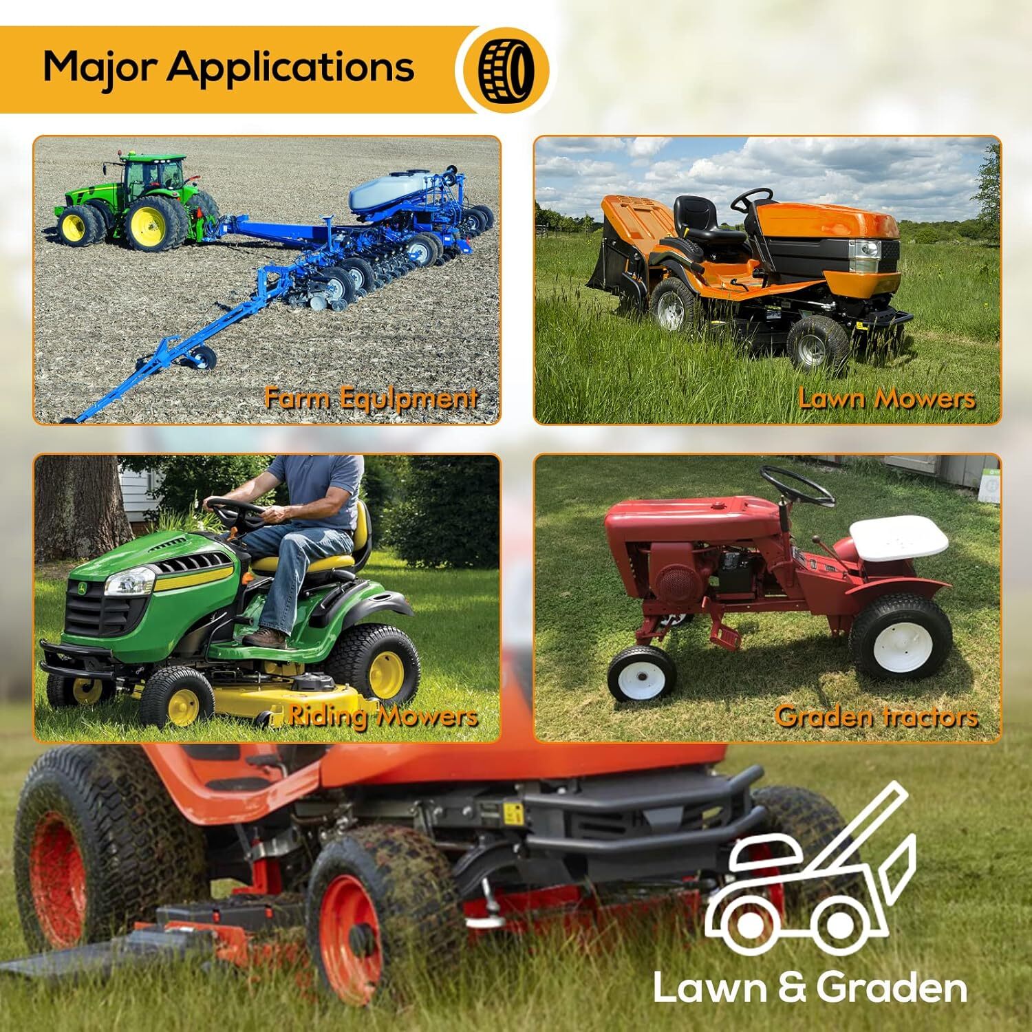 WEIZE 13 x 6.50-6 Flat Free Lawn Mower Tires with Rim 450lbs Capacity 13x6.50-6