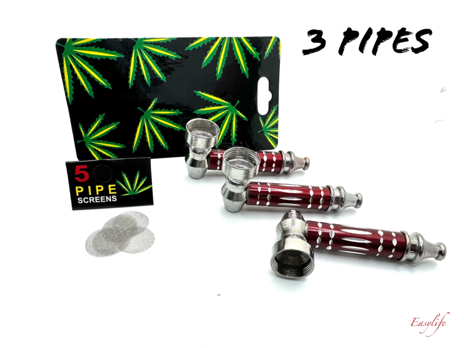 3X Red Metal Smoking Pipes + Tobacco Screens For Bowl SAME DAY SHIP