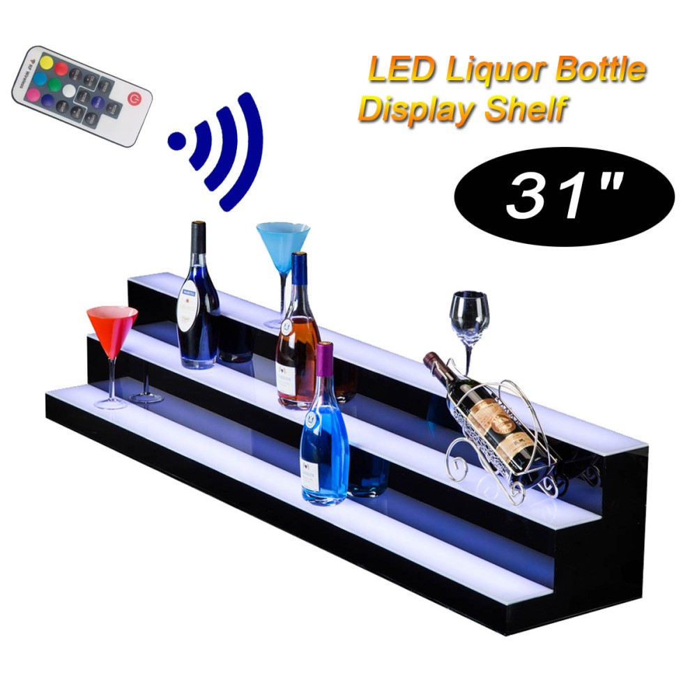 3 Tier LED Lighted Liquor Bottle Display Shelf Back 31" Bar Bottle Display Stand