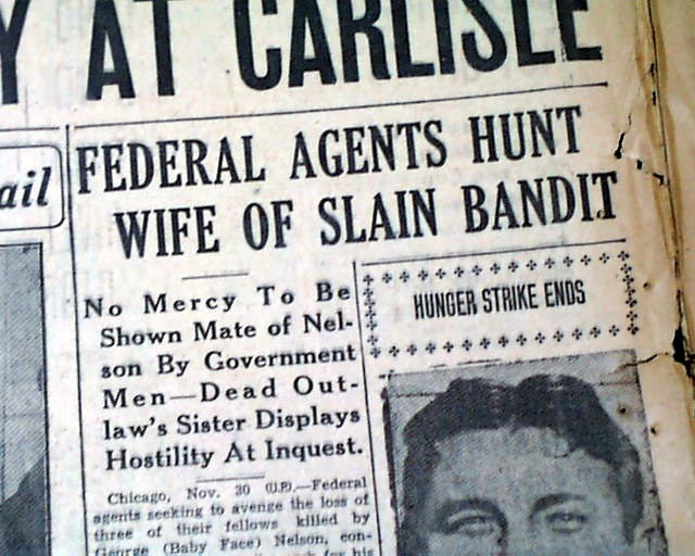 BABY FACE NELSON KILLED Bank Robber Battle of Barrington PHOTO 1934 Newspaper