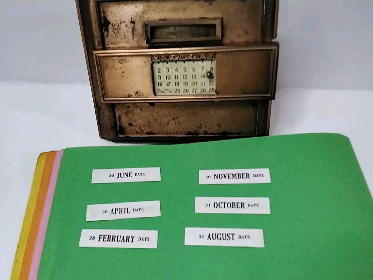 Antique Perpetual Calendar 1916 J.E Mergott NJ Clipboard Note Holder copper desk