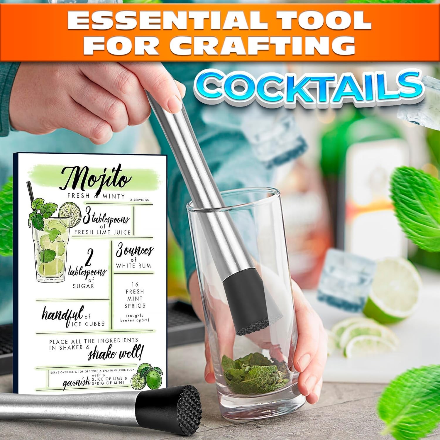 2 Pcs Bar Muddler for Cocktails – 8" Stainless 2 Muddlers, Silver, Black