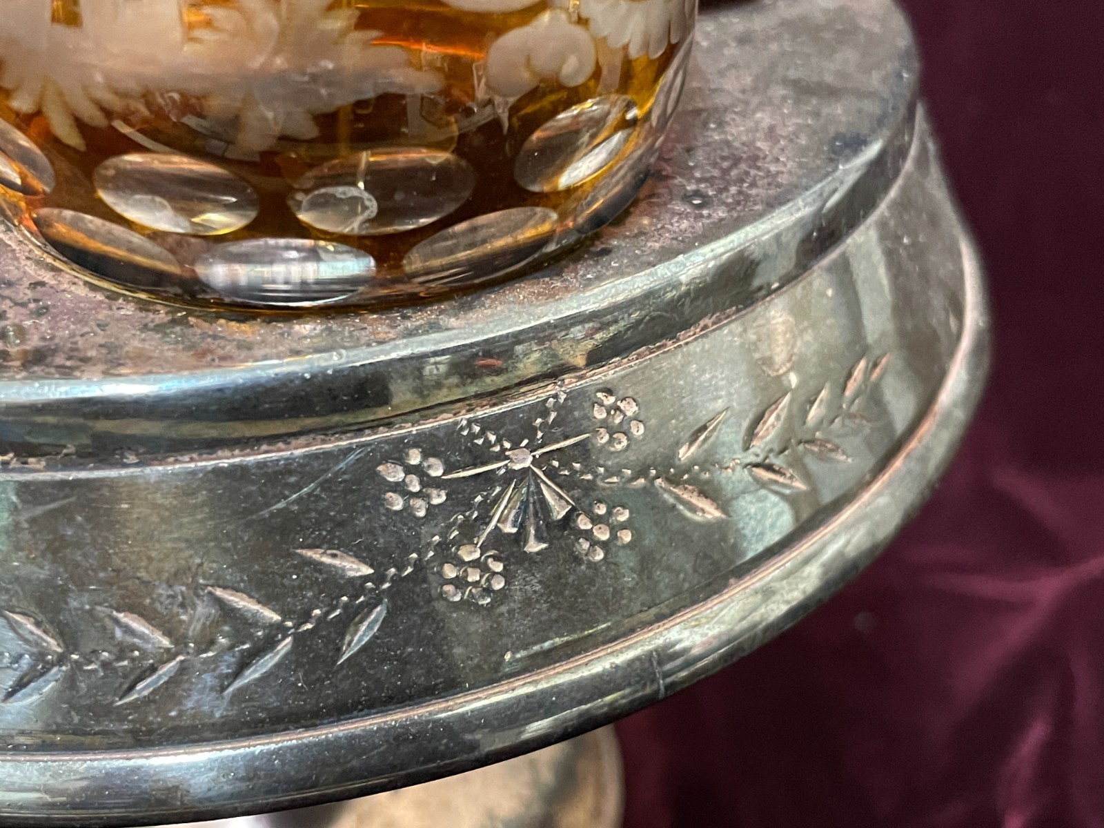 Antique 1800's Wilcox Silver Plate Cruet Condiment Set 3 Etched Amber Bottles