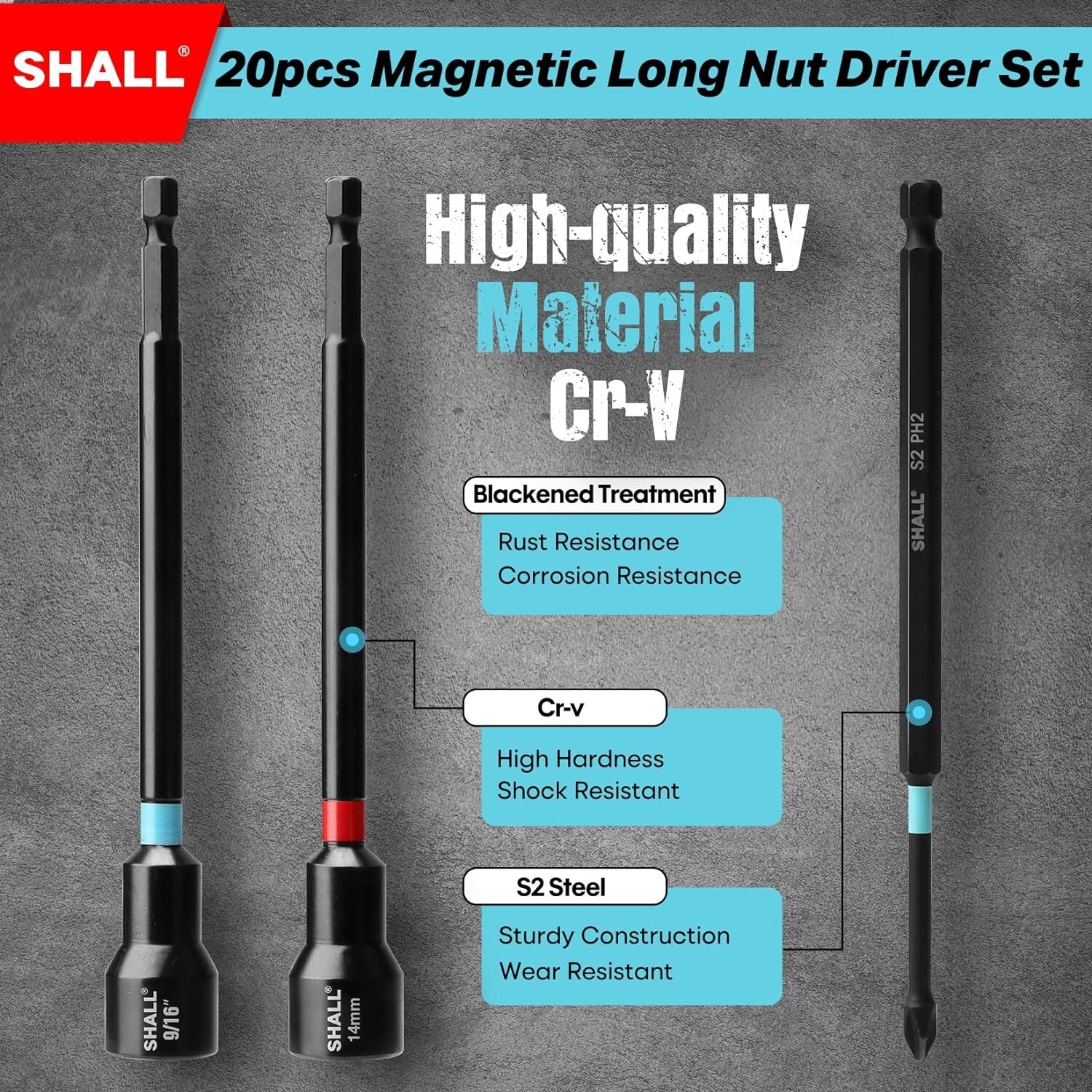 SHALL 20PCS Magnetic Nut Driver Set,Long Nut Drivers for Impact Dril