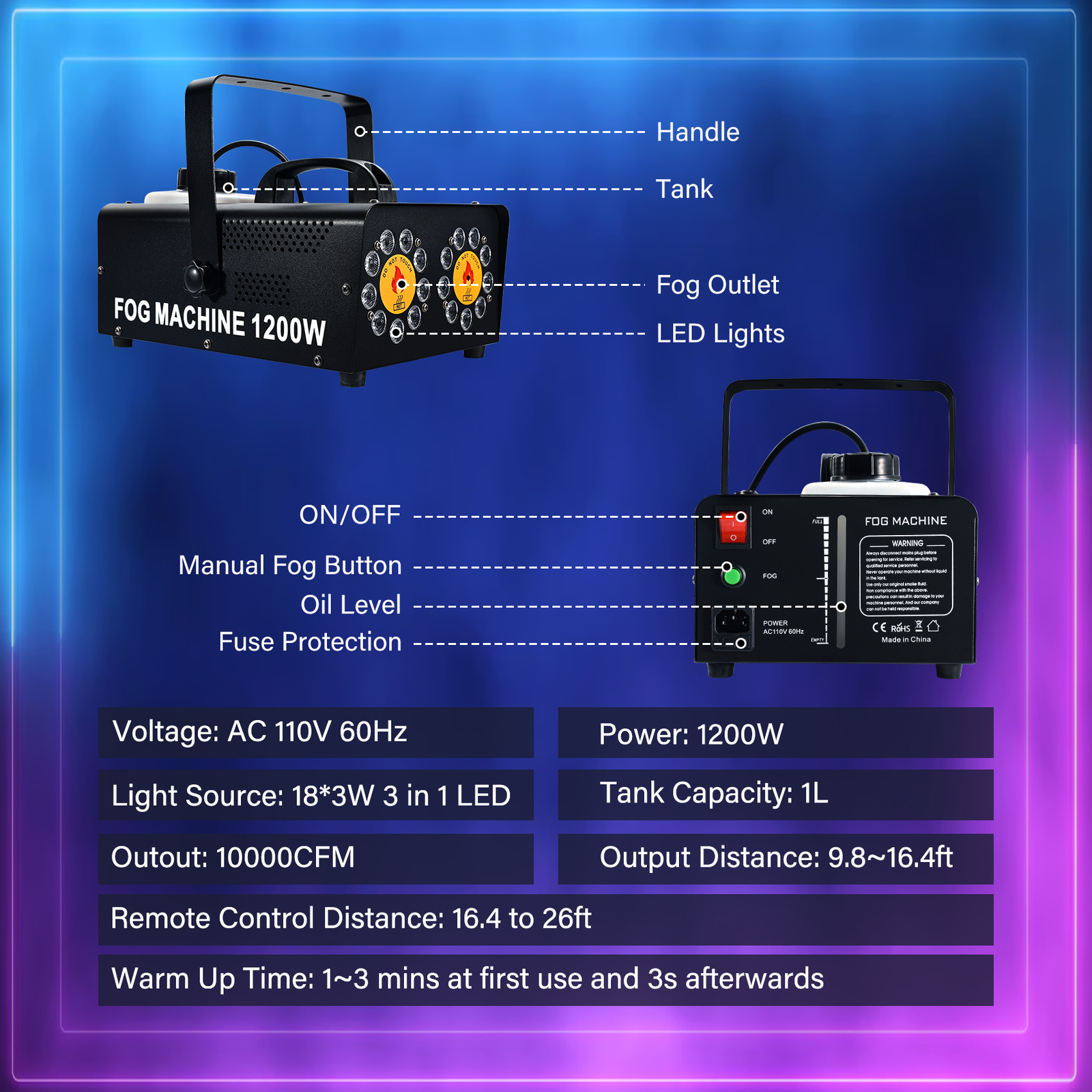 1200W Dual Spray Horizontal Fog Machine 18 RGB LED Stage DJ Light Smoke Machine