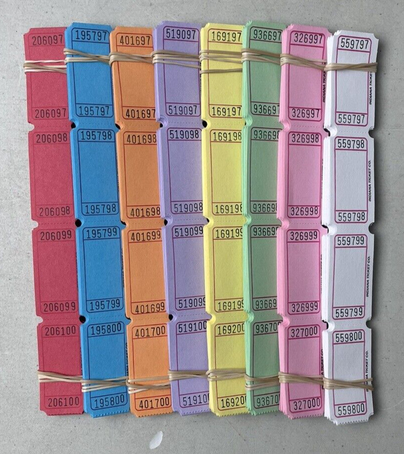 Blank Raffle Tickets Package of 800 Single Stub 100 of Each Color Shown New