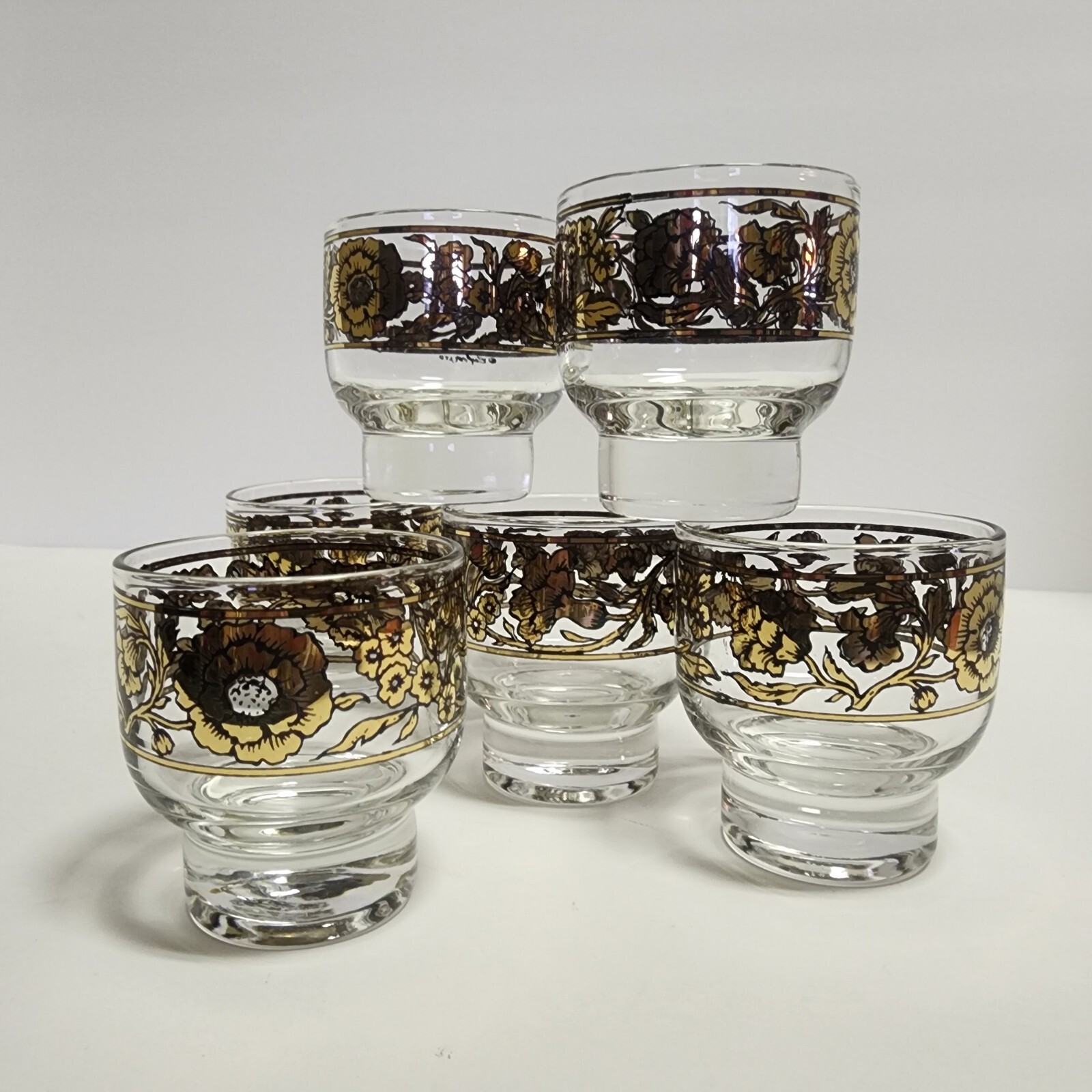 6 Early Culver Gold and Black Rare Chantilly Pattern Footed Cocktail Glasses 50s