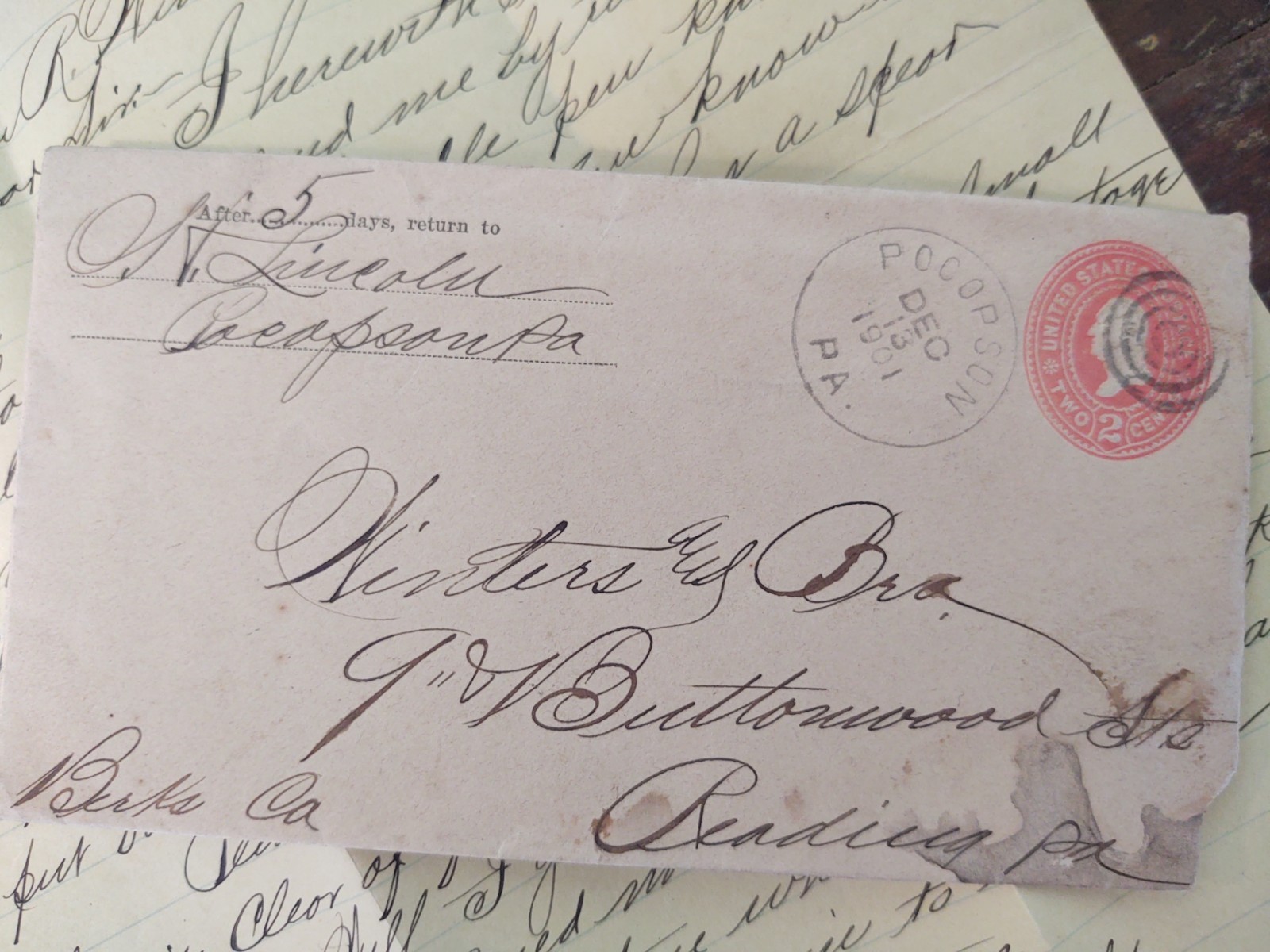 Postal Cover & Letter 1901 O.H. Lincoln ,Pocopson PA Phila. & Reading Railway