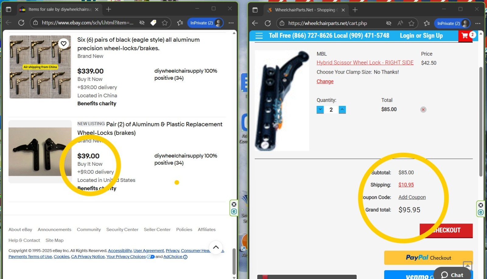 Pair (2) of Aluminum & Plastic Replacement Wheel-Locks (brakes)