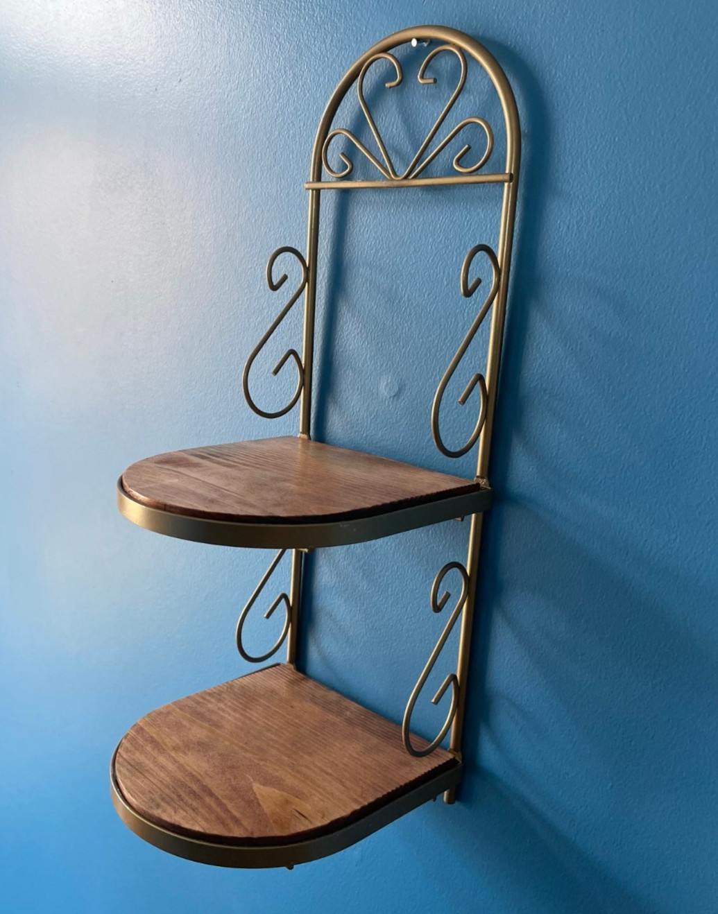 ReinVintaged Farmhouse Scroll Gold Metal & Pine Wooden 2 Tier Wall Shelf  15"