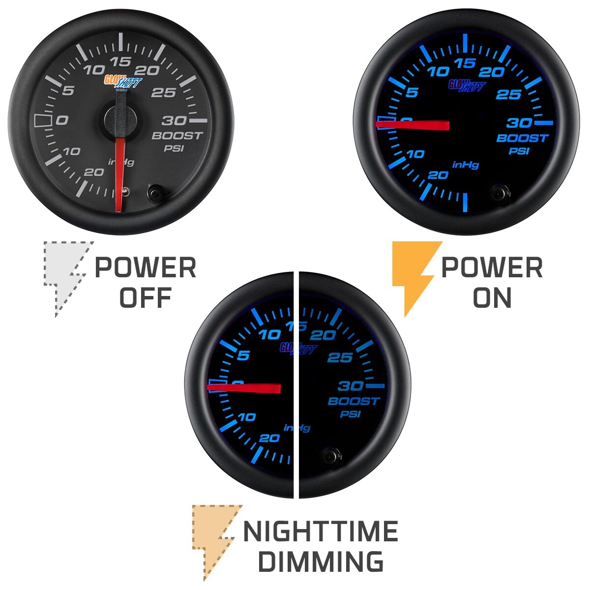 52mm Black Face Turbo Boost / Vacuum Pressure PSI Gauge w 7 Colors & Hose Kit