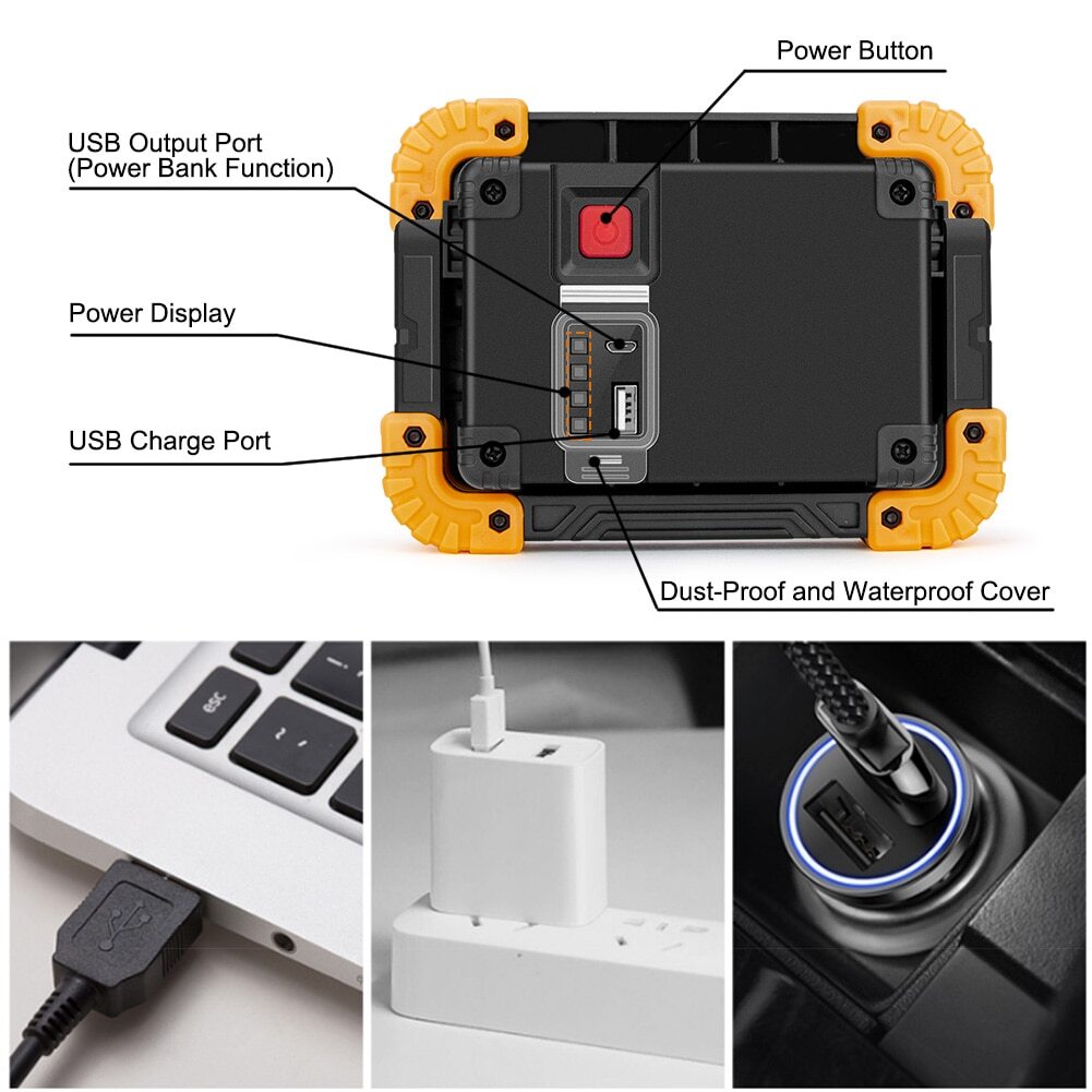2X USB Rechargeable COB LED Work Light Lamp Floodlight Camping Emergency Torch