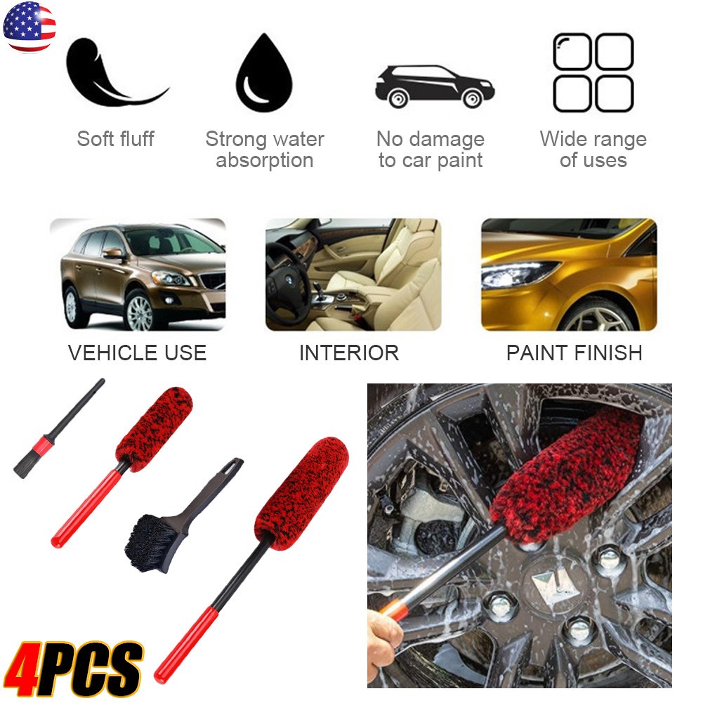 4PCS Car Wheel Brush Rims Tire Seat Engine Wash Cleaning Kit Auto Detailing Tool