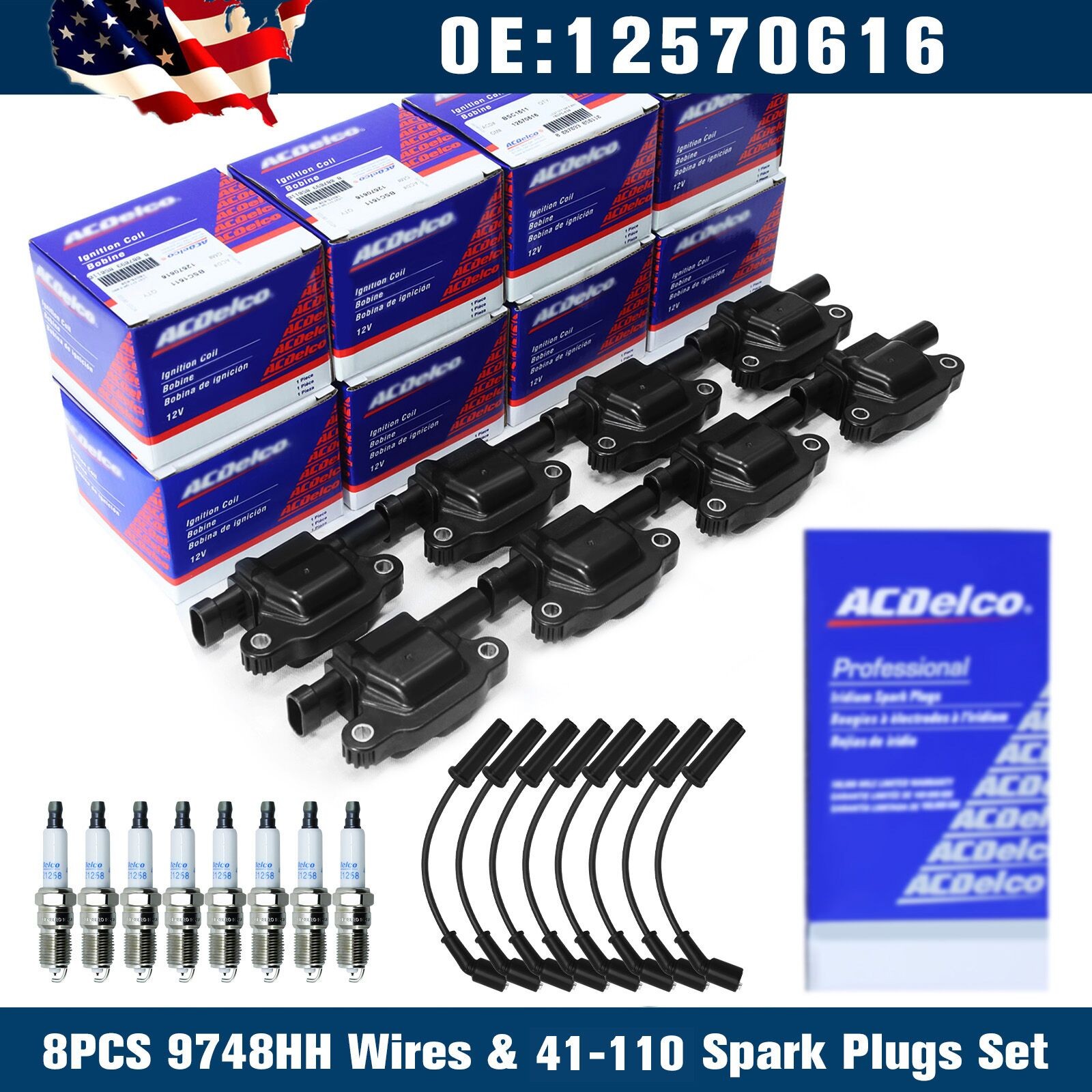 8 Set Genuine OEM UF413 Ignition Coil & 41-110 Spark Plug + 9748UU Wire Fit GMC~