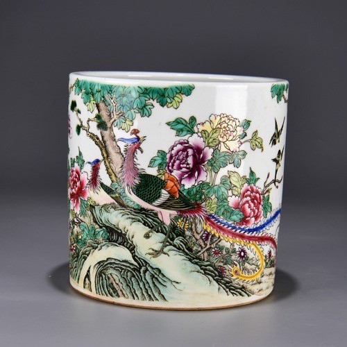 7.8'' YongZheng Marked Famille Rose Porcelain flower bird Brush Pot pencil vase