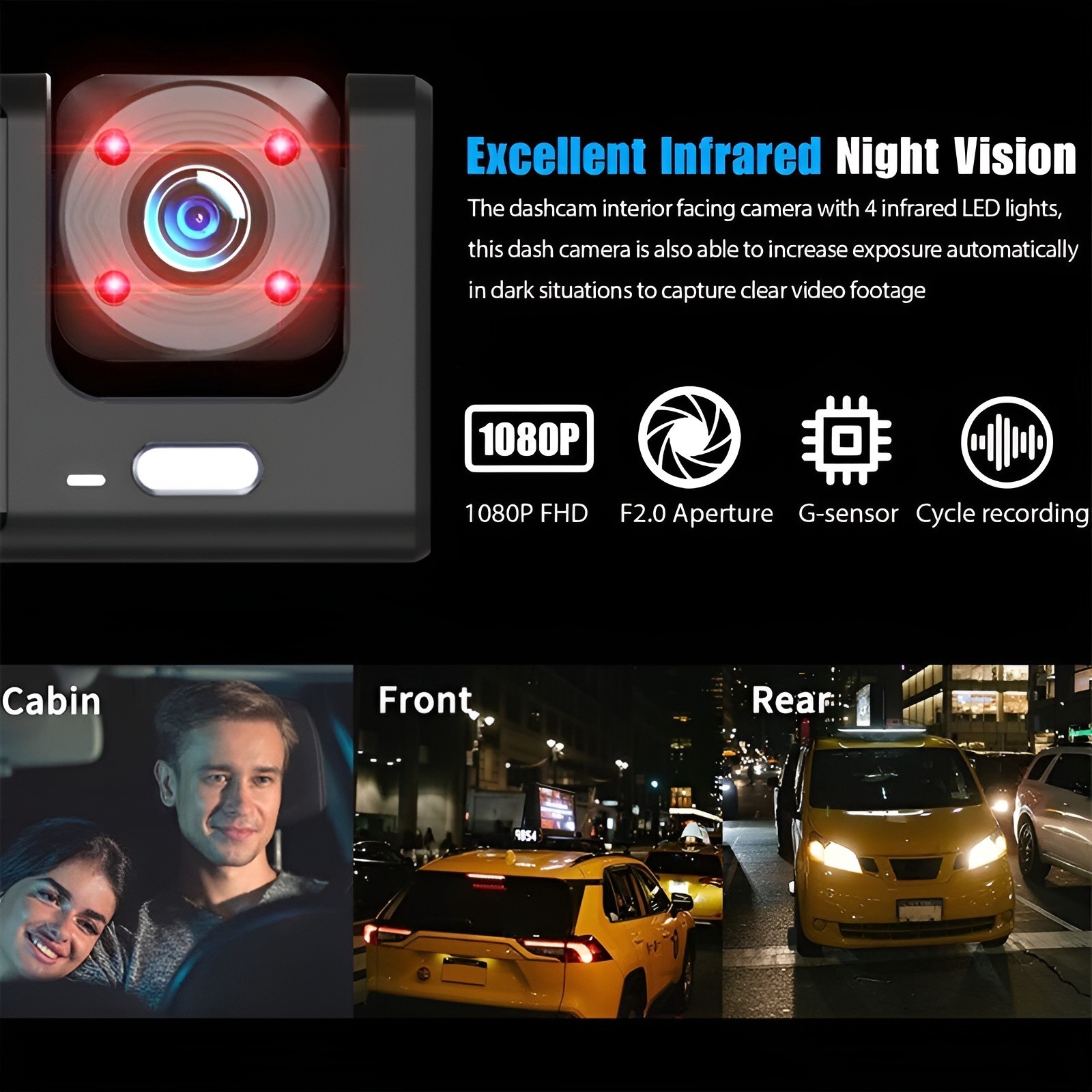 3 Lens Dash Cam Front Cabin Rear 1080P Night Vision, Parking Monitor, G-Sensor