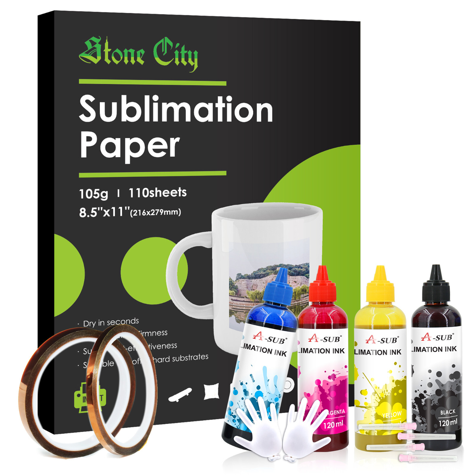 Bundle A-SUB Sublimation Ink + Sublimation Paper 8.5x11 + 2Roll Sublimation Tape