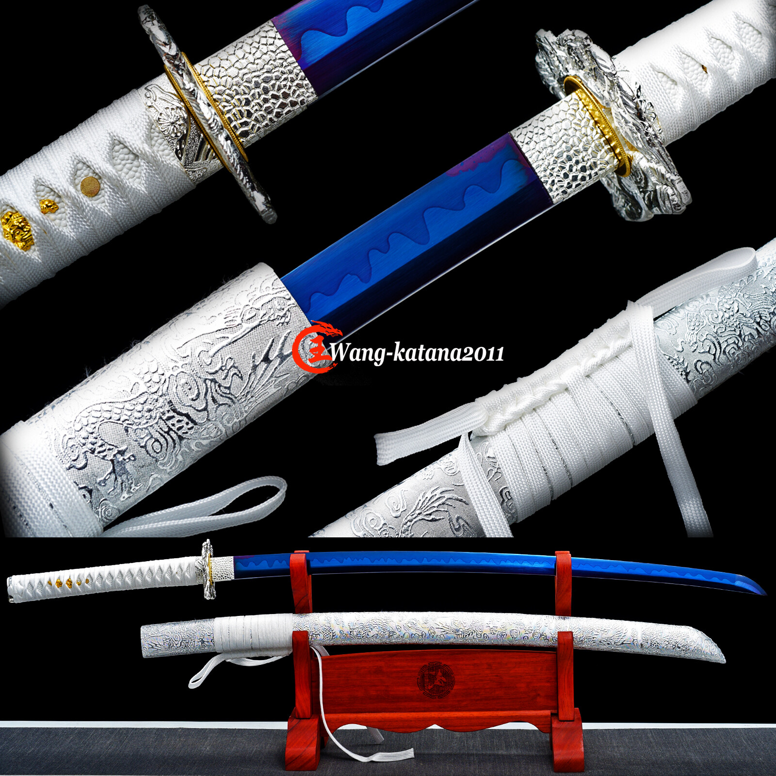 Blue White Battle Ready Full Tang Japanese Samurai Katana Sword 1095Carbon Steel