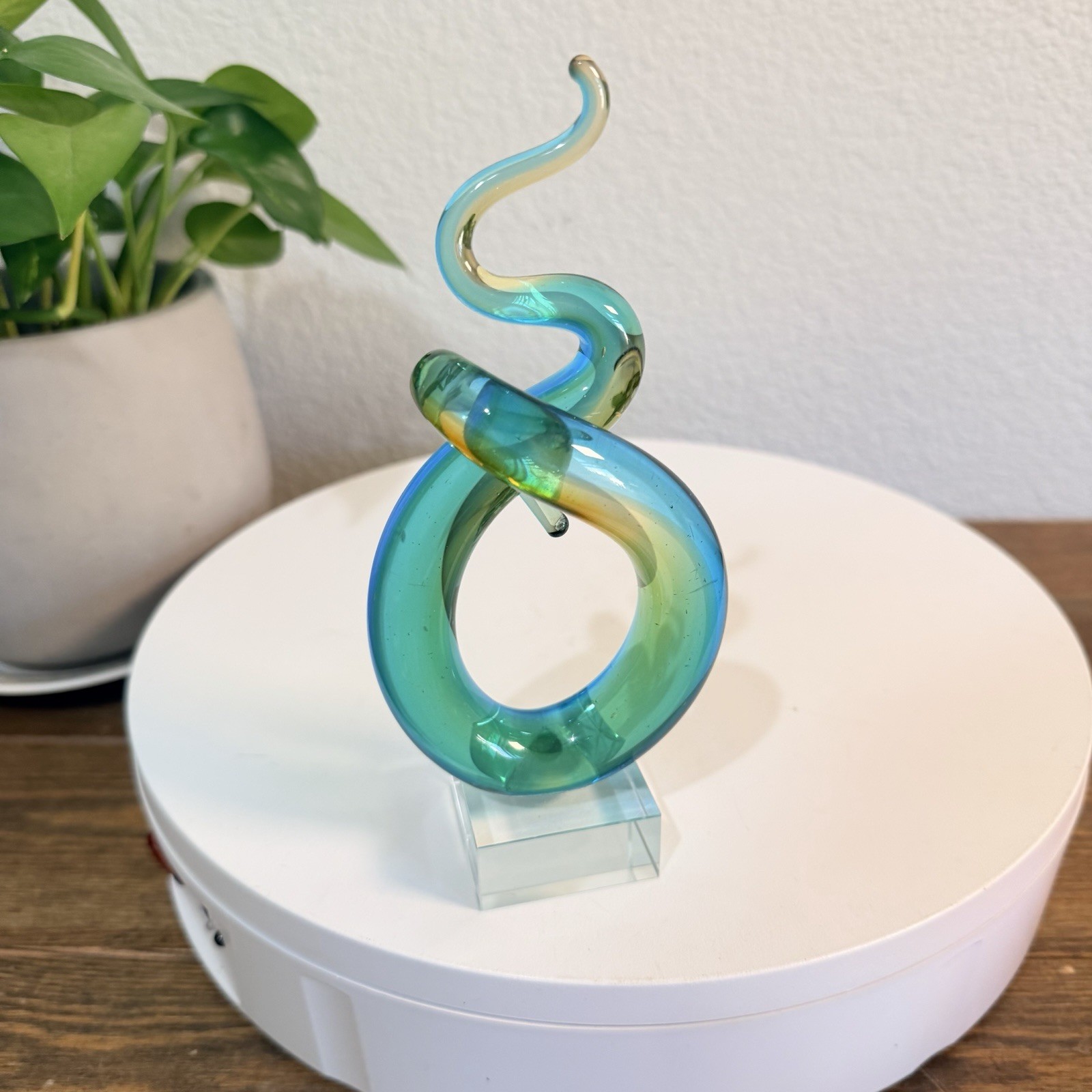 MURANO Style Art Glass Sculpture Spiral Corkscrew Abstract Blue, Brown 7"