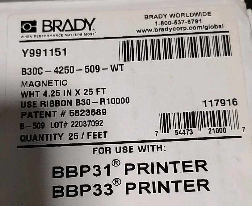 Brady Magnetic White 4.25 X 25 Feet Continuous For BBP31 BBP33 Printer Label Buy
