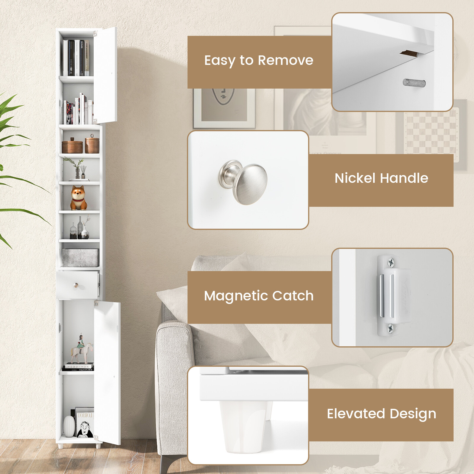 Tall Slim Bathroom Storage Cabinet Linen Tower w/ Drawer & Adjustable Shelves