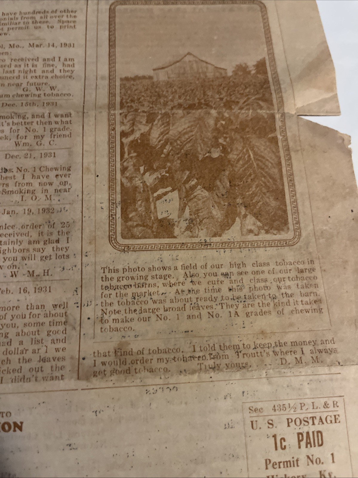 1920s letter from L.O. Troutt of Troutt's Tobacco Union To Long Lost Customer