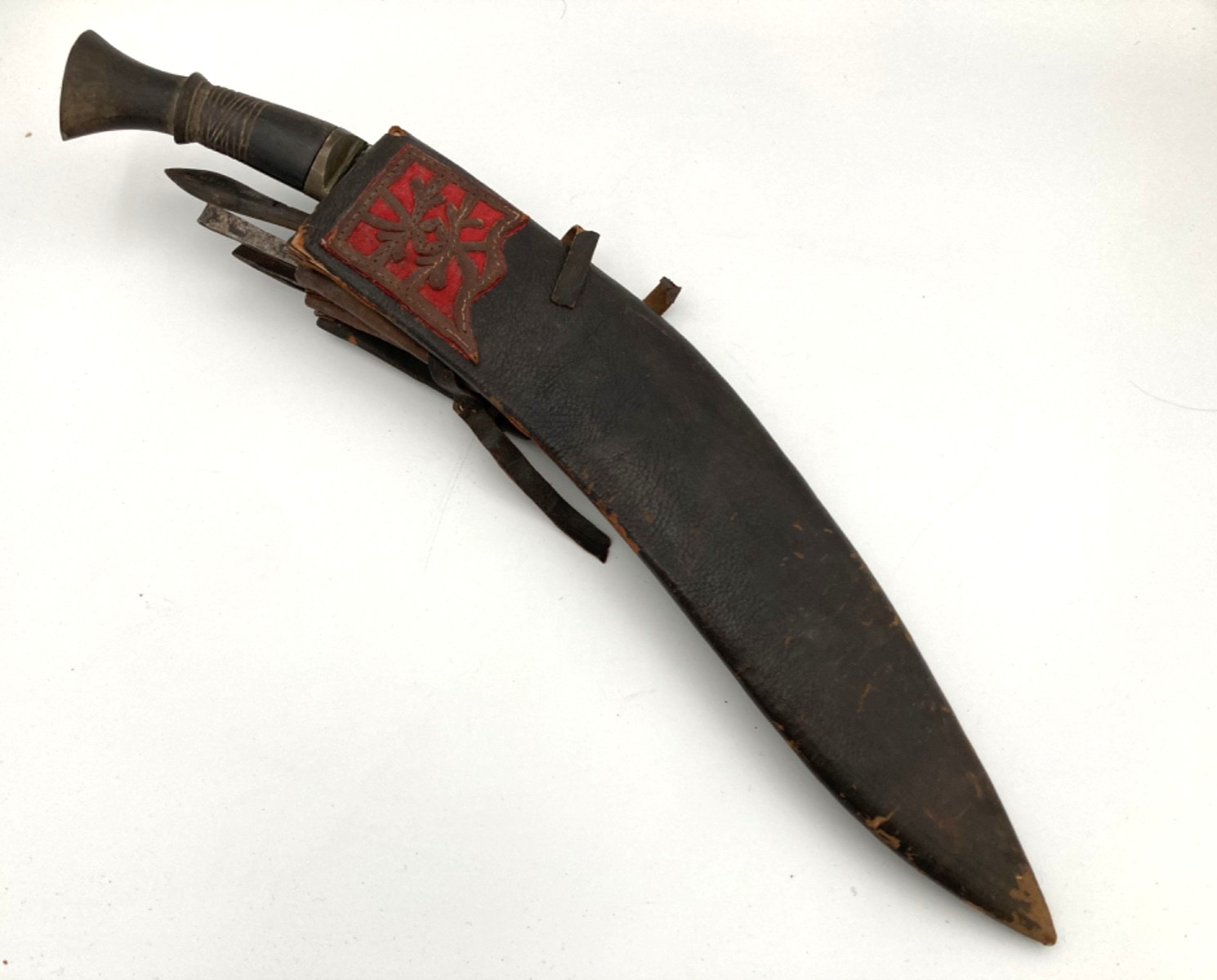 Vintage Kukri Knife Carved Wooden Handle & Leather Sheath Incomplete Set 17.5In