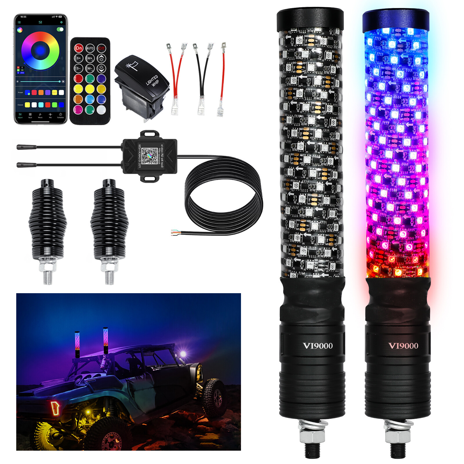 2x 1~3FT Thick LED Whip Spiral Chasing RGB Fat Whip Light For Can Am Polaris RZR