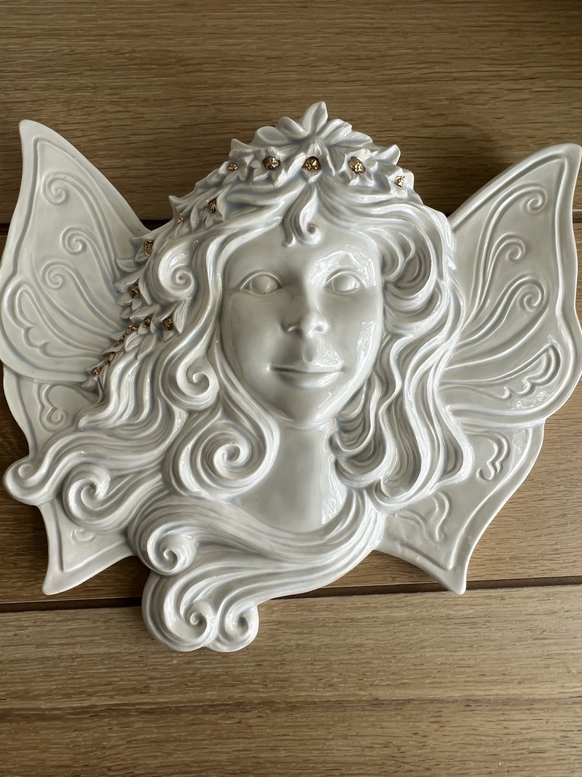 Vintage Ceramic Fairy Wall Plaque Angel Fairy Face Winged Decor Cottagecore