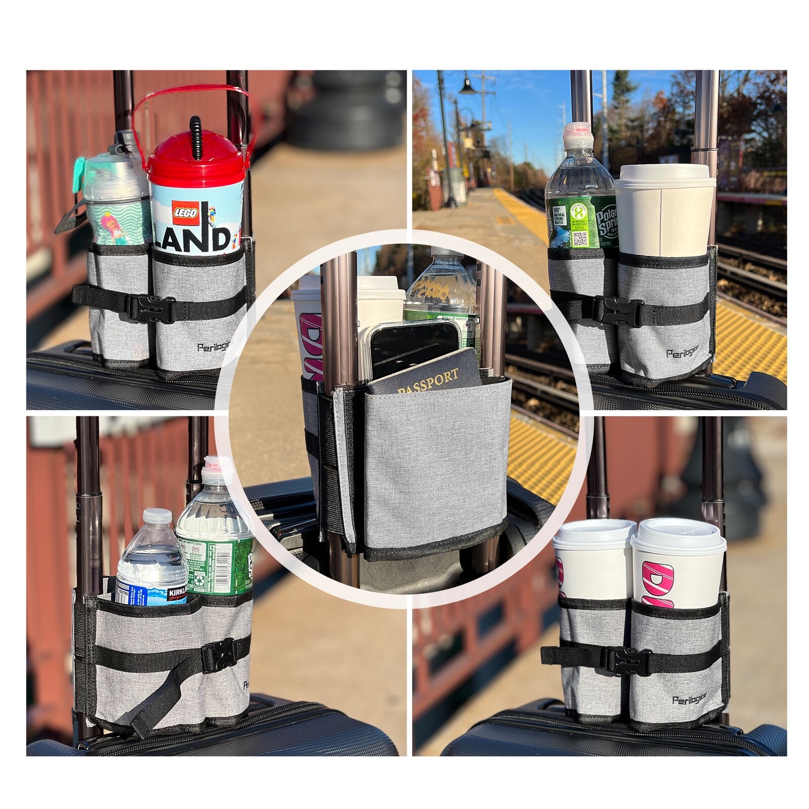 Travel Luggage Cup Holder For Hands Free Traveling. Fits Cups, Mugs, Bottles.