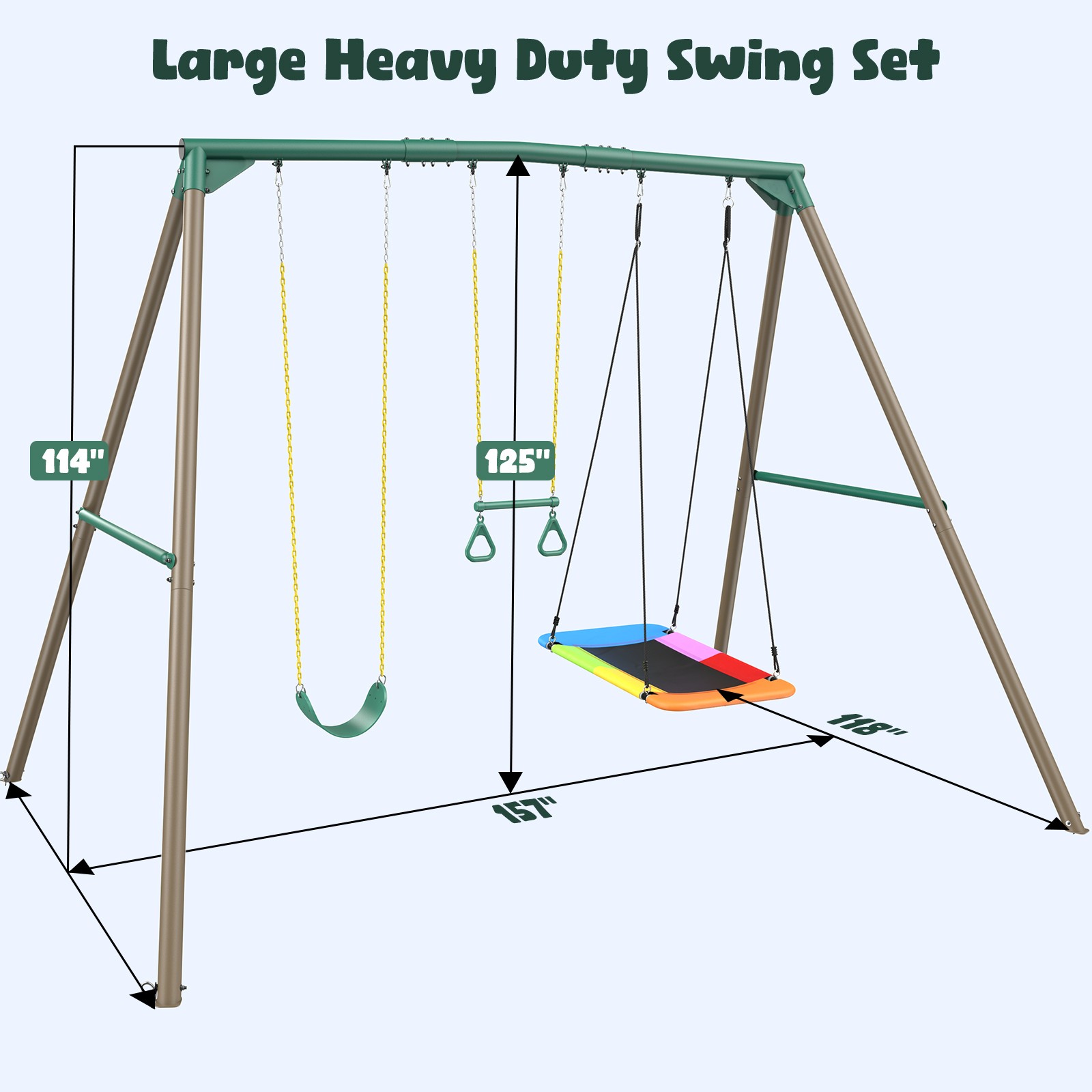 9.5ft Tall A-Frame Heavy Duty Metal Swing Set with 3 Swings and Trapeze Bar