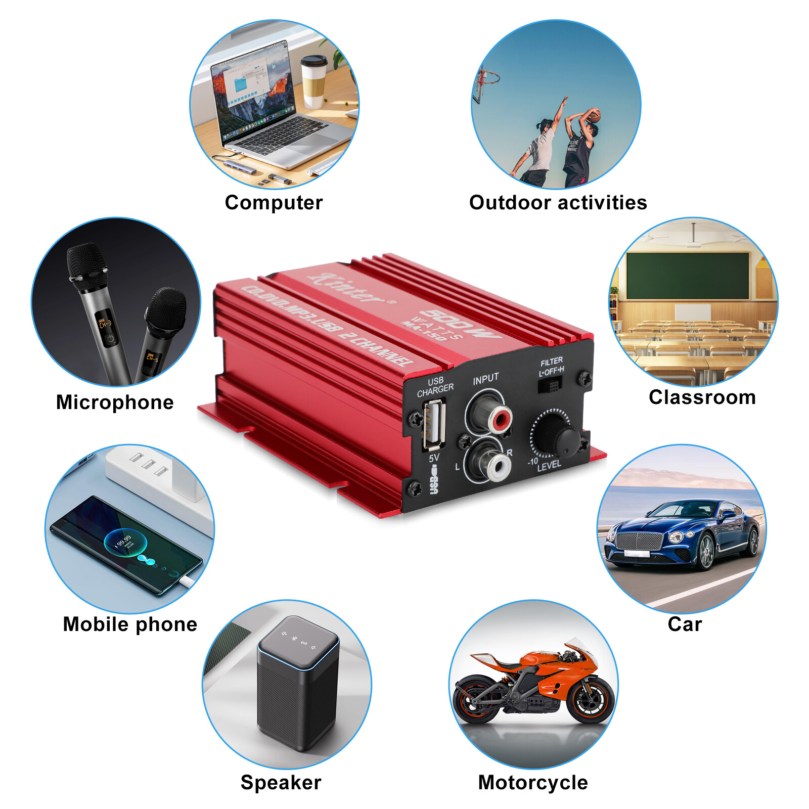 500W 12V 2 Channel Car Stereo Audio Power Amplifier HiFi Bass Amp Subwoofer Home