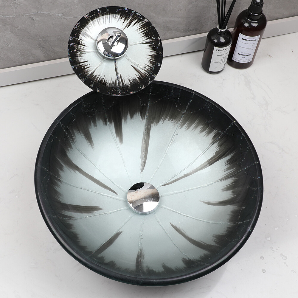 US Bathroom Vessel Sink Washing Round Tempered Glass Bowl Faucet Mixer Tap Combo